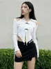 Women's T Shirts Off Shoulder Gothic Shirt Women Buckle Y2k Accessories Turn-Dowm Collar Sexy Blusas Aesthetic Clothes Long Sleeve