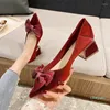 Dress Shoes Women Red High Heels 4CM Bow Pointed Toe Slip On Pumps Mary Jane Square Heel Wedding