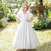 Mädchenkleider, weißes Satin-Blumenkleid für Hochzeit, V-Rücken, Laternenärmel, knöchellang, Kind, Prinzessin, erste Eucharistie, Geburtstagsfeier