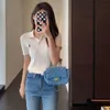 Early Autumn New 12 Needle 32 Thread Embroidered Polo Neck Slim Sweater for Women's Knitted Short Sleeves E082602