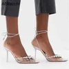 Nxy Sandals Rhinestone PVC Women Women Shoes Pointy Toe Cross Cross High Heel Woman Sexy Diamond Party Runway New 230406