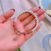 Strand Sweet Pink Freshwater Pearl Bracelet Women's Strawberry Crystal Micro-Inlaid Zircon Bow Vintage Wrist Accessories Beaded Strands