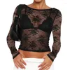 Kobiety dla kobiet Koronkie koszulki T-shirty Sheer Crop Tops Spring Autumn Ubrania długie rękawie otwarte z tyłu kwiatowe szczupłe wychodzące seksowne klub