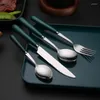 Utensílios de jantar com alça de cerâmica colher bife faca de aço inoxidável de aço de mesa verde colheres de chá douradas utensílios de cozinha de conjunto de cozinha
