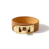 Bangle Classic Women Bracelet High Quality PU Leather Gold Color Stainless Steel Knob Lock Design Charm Female Jewelry