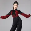 Stage Wear 2023 Spring Latin Dance Bodysuit For Women Mesh Patchwork Tops Female Bowknot Ballroom Samba Rumba Tango Practice Clothes 6042