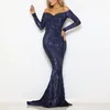 Casual Dresses Navy Sequined Maxi Dress Stretch Slash Neck Champagne Gold Evening Party Off the Shoulder Full Sleeped