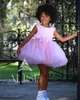 Girl Dresses Pink Short Flower For Wedding Beads Bows Kids Birthday Pageant Gowns Tiered Children Mini Pograpghy