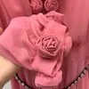 2023 Summer Pink 3D Flowers Beaded Belted Chiffon Dress Long Sleeve Round Neck Panelled Midi Casual Dresses B3A241948