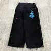 Kvinnors jeans jnco y2k harajuku hip hop lyckliga tärningar grafisk broderad retro blå baggy denim byxor kvinnor hög midja bred byxa