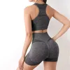 Costume de Yoga pour femmes, combinaison de fitness, sans couture, côtelé, ajouré, fermeture éclair, nombril, short, leggings élastiques, costume de yoga, de gymnastique