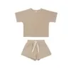 Clothing Sets Ins 2022 New Summer Waffle Children's Short Sleeved Suit Boys and Girls T-shirt Shorts Baby Pit Strip Cotton