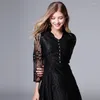 Casual Dresses 2023 Autumn Sexy Black Dress V-Neck Mid-Calf Plus Size L Empire Hollow Out Regualr Lace Women 14184