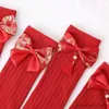 Kids Socks Princess Baby Girls Red Festival Celebration Stockings Pearl Tassel Bow Long Socks Gilding Kids Over The Knee High Socks R231125