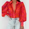 Damesblouses dames shirt elegante revers met een borte strand blouse mode patroon print losse casual lantaarn lange mouw vest topan top