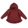 Pull de noël tricoté torsadé pour filles, pull à capuche, manches longues, ourlet avec pompon, pull rouge pour enfants, châle Z5385