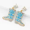 Boucles d'Oreilles Pendantes Pave Cowboy Boot Drop Pour Femme - Bleu Ciel/Rose Western Nashville Cowgirl Avec Strass