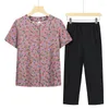 Women's Tracksuits Fdfklak Middle-aged Summer Cardigan Home Grandma Gift 9 Pants Floral Short Sleeve Old Cotton Two-piece Suit Women