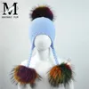 Chapéus Chapéus Jaxmonoy Bebê Malha Inverno Criança Real Raccoon Fur Pompom Cap Crianças Gorros Quentes Meninas Meninos Orelhas Chapéu 231124