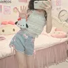 Kvinnors shorts sommar söta lolita korta byxor flickor kawaii hög midja casual båge denim kvinnor koreansk stil rosa spets bandage jeans 2023
