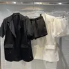 Fatos femininos 2023 coleção de verão manga curta strass diamantes blazer casaco estiramento shorts duas peças conjunto 251