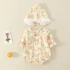 Rompers Summer Baby Girls Romperhat Cotton Peter Pan Collar Ruffles spetsar långärmad spädbarn Rompers födda söta plagg 230425