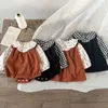 Rompers Korean Autumn Baby Girls Fake Two Piece Romper Cotton Long Sleeve Plaid Floral Infant Girl Bodysuit Toddler Dress 231124