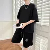 Men's Tracksuits Sets Short Sleeve Summer Casual Korean Solid Color Elastic Waist Two-piece Suit Clothing Simplicity Loose T-Shirt