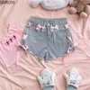 Kvinnors shorts sommar söta lolita korta byxor flickor kawaii hög midja casual båge denim kvinnor koreansk stil rosa spets bandage jeans 2023