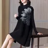 Casual Dresses Velvet Dress Autumn For Women 45-75kg 2023 Fashion Flower Printed Stand Collar Long Sleeve Loose A Line Knee Length