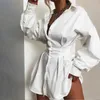 Casual Dresses Women Shirts Dress Office Lady Long Puff Sleeve V-Neck High Waist Mini Dress Solid White Black Defined Waist Shirt Tunic Dress 230425