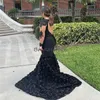Vestido de baile de sereia de floral preto com manga longa com manga longa vestido de noite de renda vintage renda sexy sem costas 2023 elegante ocasião formal desgaste