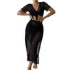 Women's Swimwear 2023 Sexy See Through Two Pieces Outfits For Women Sun-Protection Bikinis Cover Up Wide Leg Pants And Short Sleeves Crop