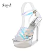 Mulheres sandálias de cristal transparente moda plataforma bombas 428 sexy stripper pista sapatos verão cinta cruzada stiletto 902 6