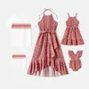 Familjsmatchande kläder Patpat Cotton Shortsleeve randiga tshirts och Polka Dot Print Halter Ruffle Trim Dresses Set 230424