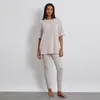 Active Sets Damen 2-teiliges geripptes Yoga-Set mit kurzen Ärmeln, Rundhalsausschnitt, lockeren T-Shirt-Oberteilen und Röhrenhosen, lässige Outdoor-Loungwear-Outfits