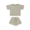 Clothing Sets Ins 2022 New Summer Waffle Children's Short Sleeved Suit Boys and Girls T-shirt Shorts Baby Pit Strip Cotton