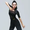 Stage Wear Performance Competition Costumes Outfits Women Latin Dance Shirt Sexy Leopard Mesh Half-Sleeve Samba Rumba Practice