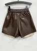 Women's Shorts DEAT Spring Fashion Contrast Color Pleated Patchwork Short Pants Women Elastic Waist Hip Wrap Leather Shorts Lady 11P01104 230425