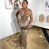 Luxurious Plus Size Aso Ebi Dark Champagne Mermaid Prom Gowns Sheer Neck Evening Birthday Party Second Reception Dresses African Formal Dress Engagement Gown ST271