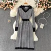 Casual Dresses Black Paid Knitted Women 2023 Fall Winter Elegant V-neck Long Sleeve Geometric Patterns Fit Knee-length Sweater Dress