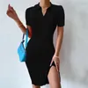 Abiti casual Elegante colletto con risvolto Abito maglione lavorato a maglia Split Sexy Bodycon Party Fashion Tinta unita Slim Short