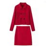 Kvinnors kostymer Yenkye Fashion Women Red Double Breasted Knit Blazer Elegant Lapel Collar Long Sleeve Female Crop Suit