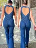 Backless Heart Cutout Bodycon Jumpsuit For Women Casual Sleeveless Slim One-Piece Outfits Retro Denim Jumpsuits