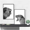 Peintures 2 pièces Toile Peinture Lion et Lionne Affiche Animal Mur Art Imprimer Image Noir Blanc Woodlands pour salon maison de Dhifi