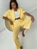 Pantalon de deux pièces pour femmes 2023 Été Femmes Élégant Mode Ensemble Solide Jaune Tenues Taille Haute Lin Coton Chemise 2 pour