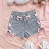 Kvinnors shorts sommar söta lolita korta byxor flickor kawaii hög midja casual båge denim kvinnor koreansk stil rosa spets bandage jeans 2023