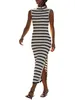 Casual Dresses Women's Summer Midi Knit Dress Stripe Print Sleeveless High Neck Thigh Slit Slim Sweater