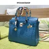 Platinum Tote Ostrich Handbag Early Autumn Linen Blue Pattern Bag Cowhide Handheld Women's One Shoulder Crossbody Large Bag Genuine Leather