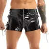 Męskie szorty męskie błyszczące PVC skóra seksowna z boku koronkowa upuszek krótkie spodnie fetysz nocny klub imprezowy bandaż lateks mokry wygląd